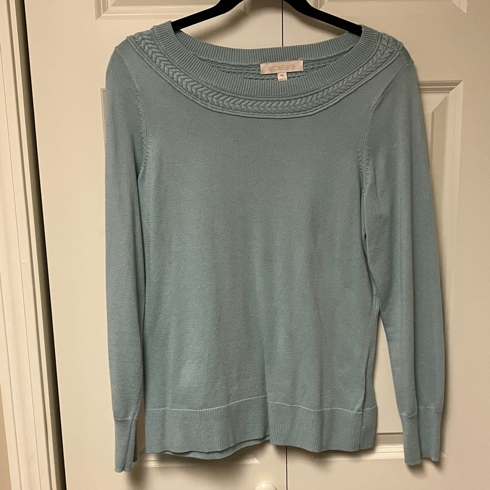 Etcetera Light Blue Scoop-Neck Sweater with Cable Trim